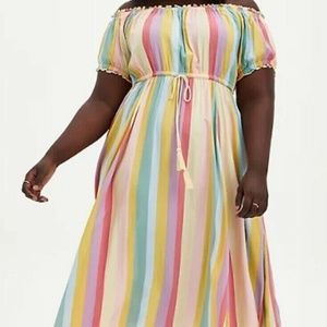 Torrid Multi Stripe Challis Off-Shoulder Midi Skater Dress (#023)